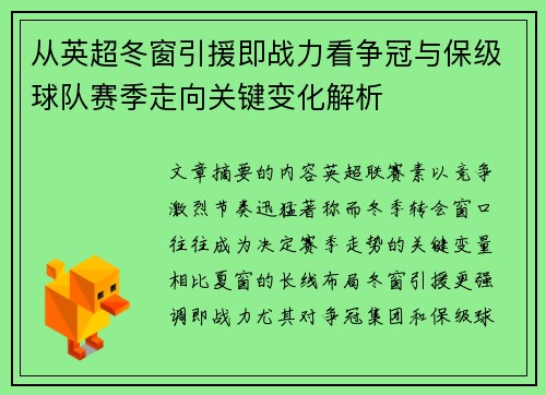 从英超冬窗引援即战力看争冠与保级球队赛季走向关键变化解析 从英超冬窗引援即战力看争冠与保级球队赛季走向关键变化解析